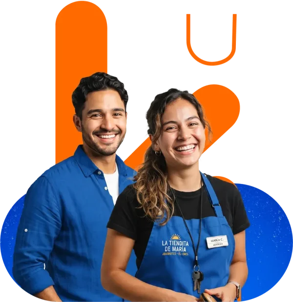 Dos personas sonriendo, una con el delantal azul de una tienda Cerkna